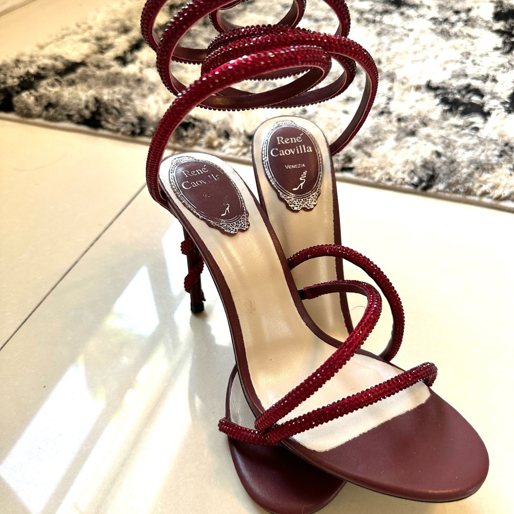 Rene Caovilla Burgundy Red Strappy Crystal Wrap Sandals - Picture 16 of 16